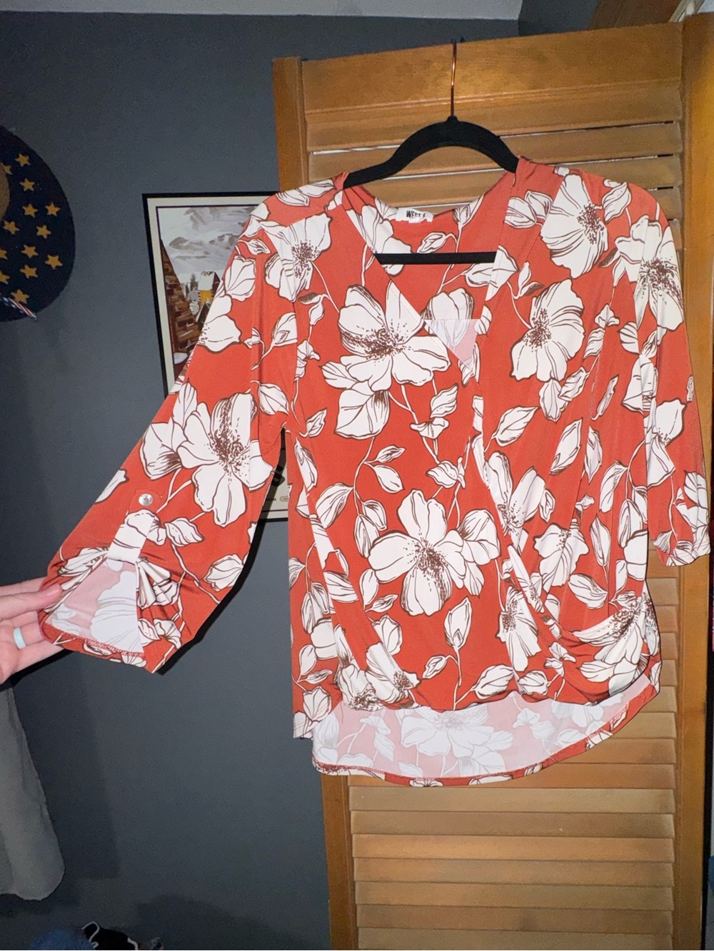 Women’s Orange and White Floral Wrap Blouse